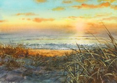 Gorgeous Original Watercolor Seascape by LINDA HENRY – Sunset on the Beach