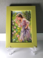 Original Oil Painting in Frame Girl and Flowers Miniature 6x4in
