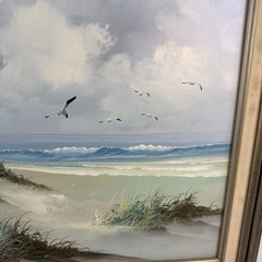 Vtg Framed Oil on Canvas Seascape Lighthouse Seagulls Painting Signed Winstin