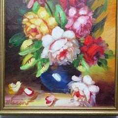 Miniature Floral Still Life Oil Painting PEONIES Signed Marin Framed 10.75×8.75