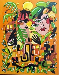 Abstract Modern orange and green original acrylic painting 8 x 10 Sunny Saturday