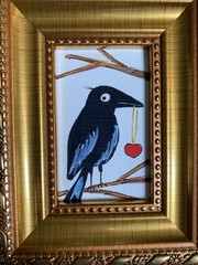 Print Whimsical Magpie Love Heart Valentine Day Painting framed,gold,miniature