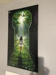D. Lightsey Signed Woman Keyhole Doorway Forest Canvas Painting, Surreal Fantasy
