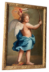 Antique Italian Oil Painting Cupid Eros 19th Century Baroque Portrait Framed