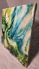 Ceramic Tile Abstract Acrylic Pour Painting Fluid Art Set of 2 Blue Gold Green