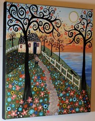 FLOWERS BY THE SEA 12x12x3/4 inch ORIG CANVAS PAINTING whimsical Karla Gerard
