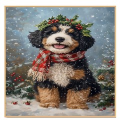 Bernedoodle Holly Berries Wreath Dog Canvas for Christmas Winter Farmhouse Decor