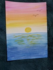 Original Watercolor 5×7 Painting Rainbow sunset over ocean by Tiffany Noel