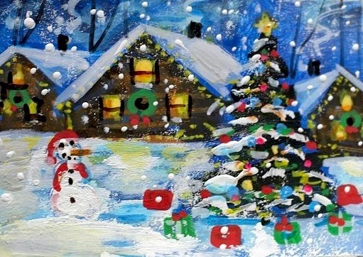ACEO Original PAINTING Winter XMAS Houses Trees Snow Cabin Holiday Landscape ART