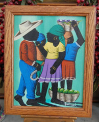 VTG SIGNED FRAMED ORIGINAL HAITIAN FOLK ART MEN & WOMEN IN MARKET ARTIST: BENDEL
