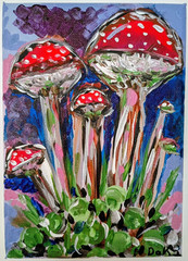 Trippy Mushrooms 5×7 Canvas Original Art Purple Red Abstract Hippie Retro
