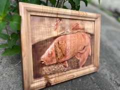 Carpfishing Fisherman Catches Carp Large Wood Carving Multicolor Picture Woodwor