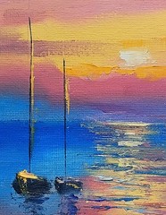 Small seascape sunset oil painting – sailboats at sea ocean handmade 6×8″