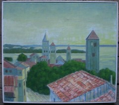 Houses At Sea ° Oil Painting Mediterranean City Rab Croatia W.Haizmann 1973