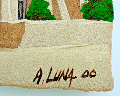 San Miguel Chapel Hand Painted Stone Church Plaque Signed A Luna with Stand
