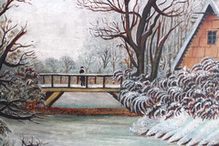 ANTIQUE FOLK ART OIL PAINTING VILLAGE BRIDGE RIVER SNOW WINTER LANDSCAPE PEOPLE