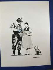 BANKSY – painting drawing 11.8 x 15.7 in on old paper signed stamped