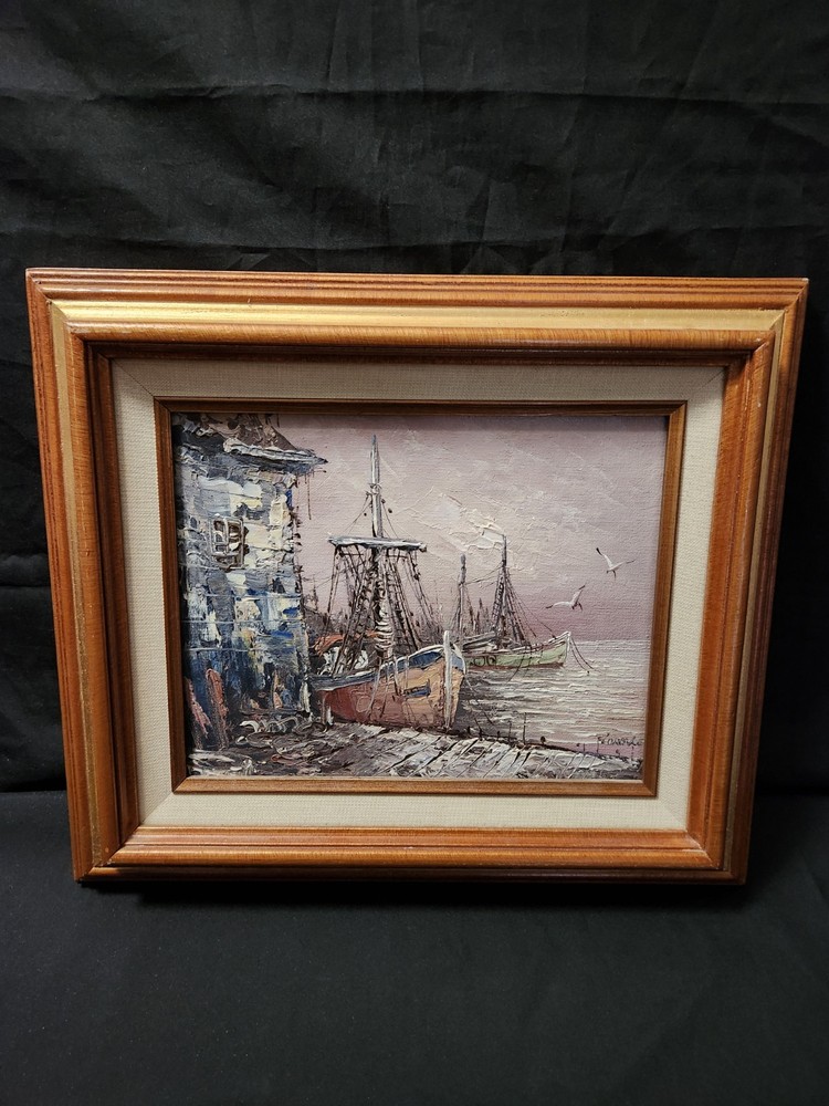Vintage Framed Oil Painting Harbor Scene Fishing Boat Signed Florence Nautical