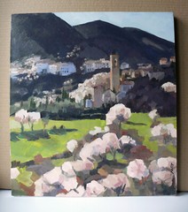 Landscape Oil Painting Original Italy Cityscape Blossom Trees Wall Art 18″х20″