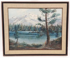 Vintage 1965 Mountain Forest w/ Lake Landscape 24×20″ Painting by S.G. Michael