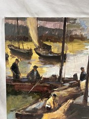 KRYEV Signed Original Oil Painting Harbor Seascape Boats Impressionist Art 20×22