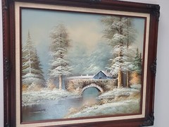 Stunning J. Collins Signed Oil on Canvas Winter painting Framed 29.5″ x 25.5″