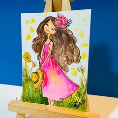 Original ACEO Girl Pink Dress Watercolor Painting Floral Cute Whimsical Mini Art