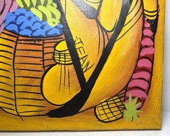Vintage Signed JEAN Haitian Market Folk Art 23×19 Oil Painting on Cloth Canvas