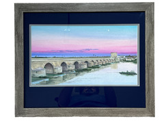 Original Oil painting Roman Bridge of Córdoba: Twilight Purples, Blues, and Pink