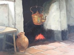 B. MULLEN (1901-1986), Classical Oil on Linen, Cottage Interior, 16″ by 20″