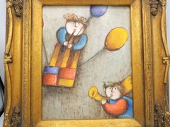 Signed J Roybal Painting Musical Angels Balloons Ornate Frame Stretched Canvas