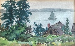 1930s Watercolor Painting Boothbay Harbor ME Ralph Fuller Oaky Doaks Comic Strip