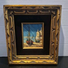 Boat Harbor Oil Small Painting In Gold Metal Leaf Wood Frame