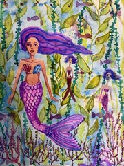 Original Watercolor Painting Fantasy Mermaid Underwater Scene Art on Paper