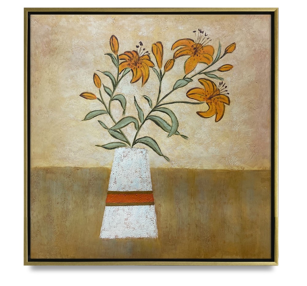 NY Art-Original Oil Painting of Flower Pot on Canvas 23×23 Framed