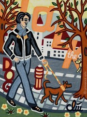 JACQUELINE DITT – Walking the Dog in Early Spring 2025 Original Painting Man Dog