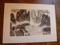 Chinese Landscape Gouache Ink Painting Drawing Mountains and Boats on River