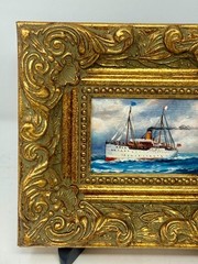 Vintage Mini Steamship Painting Gold Frame 8×7