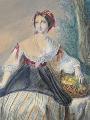 Antique Watercolor Portrait Elegant Young Woman With Fruit Basket Signed 1840s