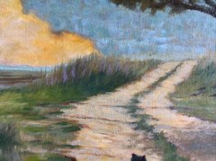 Cat On Country Road, Original Oil Painting, Texas Landscape Art, USA, Rhome