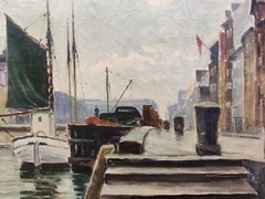Einar Gross (1895-1960): BOATS IN CITY CANAL, original oil painting