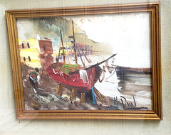 H.PAUL (20th century) Oil on Panel Painting „Boat at Anchor and Fisherman with C