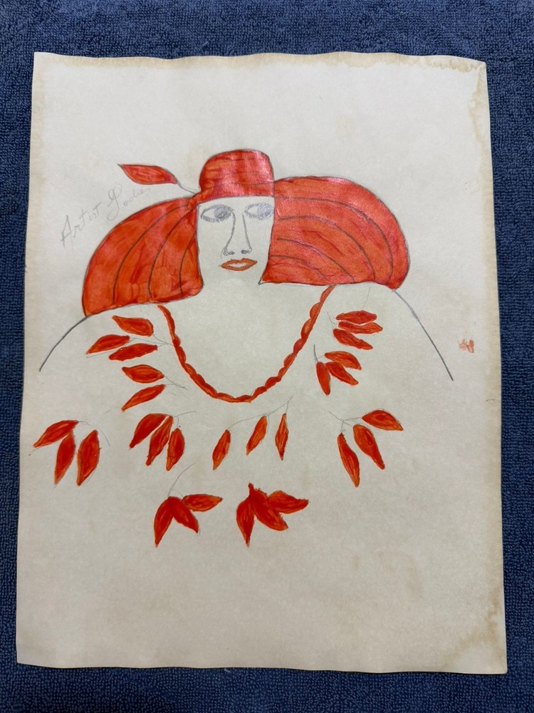 Lee Godie – painting drawing 12.5 x 9.8 in on old paper signed stamped