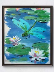 Dragonfly And Lily Pond Abstract Acrylic Original Art 14×11 Paper