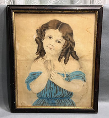 ANTIQUE c1860 YOUNG GIRL RINGLET CURLS BLUE DRESS WATERCOLOR PASTEL PAINTING