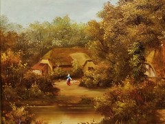 ORIGINAL LATE 20TH C. OIL PAINTING ON PANEL FIGURES AND FARM RURAL IN LANDSCAPE.