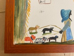 CLEMENTINE HUNTER DRAWING ON ANTIQUE WOOD, FRAMED ON WOOD, SIGNED AND SEALED