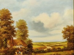 ORIGINAL LATE 20TH C. OIL PAINTING ON PANEL FIGURES AND FARM RURAL IN LANDSCAPE.
