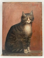 Antique Painting 1919s – Oil Canvas Signed – Cat Portrait