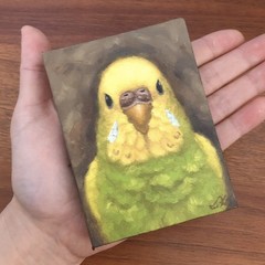 KaoruArtGallery, Budgie, Oil Painting 4x3in, Parakeet, Stand Set